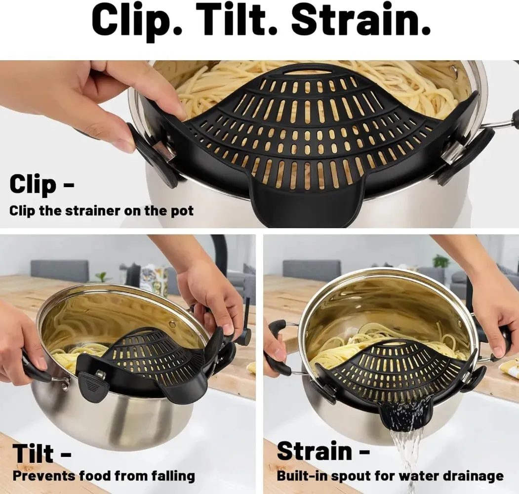 Heat-Resistant Silicone Clip-On Strainer for Pots/Pans - Collapsible Drain Colander for Pasta Veggies Fruits - Kitchen Tool