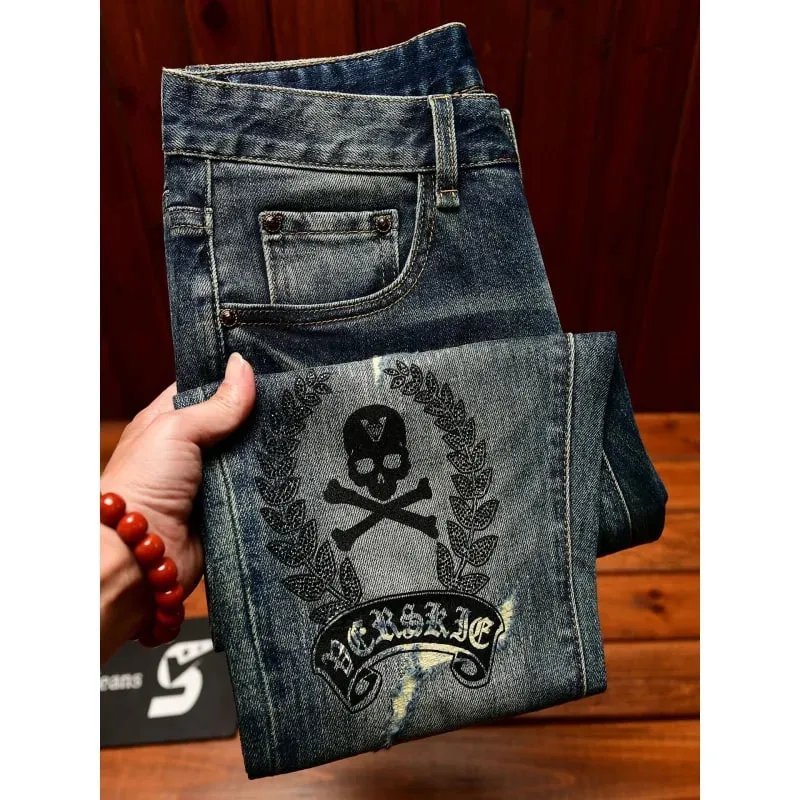 High end jeans men with ripped holes street fashion prints small feet elastic retro and handsome pants — image 1