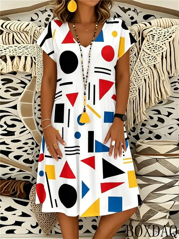 2026 Summer Fashion Geometric Pattern Printed Women's Dress Short Sleeve V-neck Casual Dresses — image 3