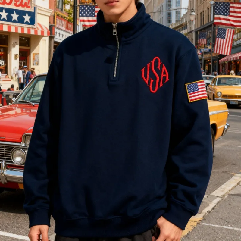 Vintage USA Flag Embroider Sweatshirts Navy Blue Quarter Zip Sweatshirt Fast delivery Streetwear High Street Y2k Fashion Hoodies — image 5