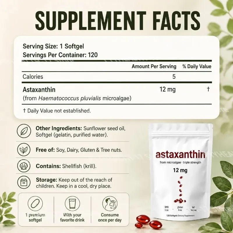 Astaxanthin 12 Mg Gelatin Softgels From Microalgae Antioxidant Support Gluten Free GMO Free Easy To Swallow 120 Softgels — image 2