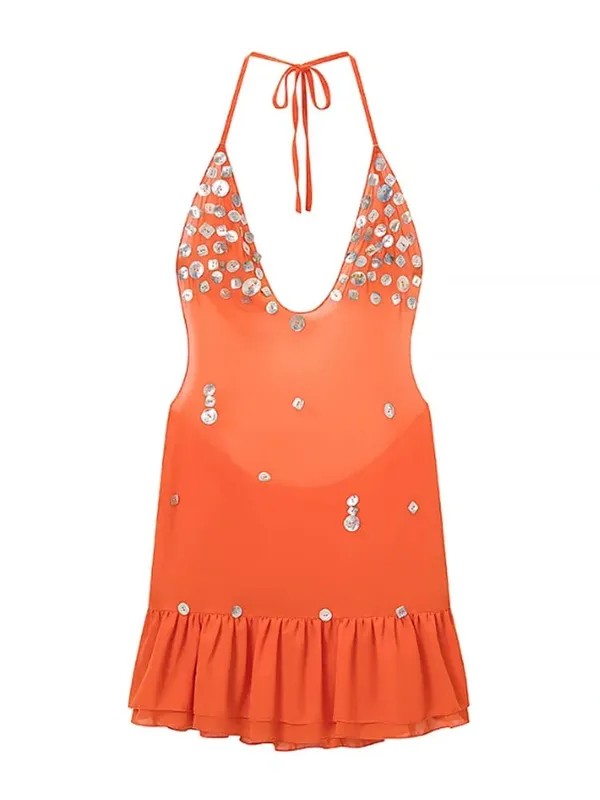 Sexy Women Sequin Lace Trim Mini Dress Chic V-neck Sleeveless High Waist Mini Sling Dresses Daily Summer Lady Vacation Robe New — image 10