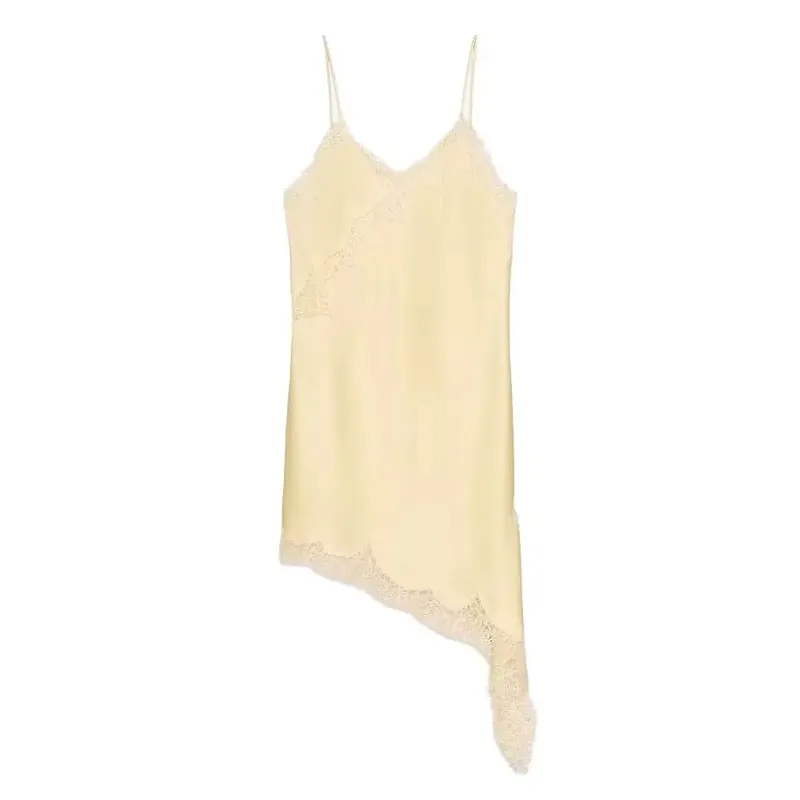 Vestido de cetim marrom com emenda de renda, elegante, bainha irregular, decote em v, costas nuas, sem mangas, vestido chique para mulheres, festa em clube — image 10