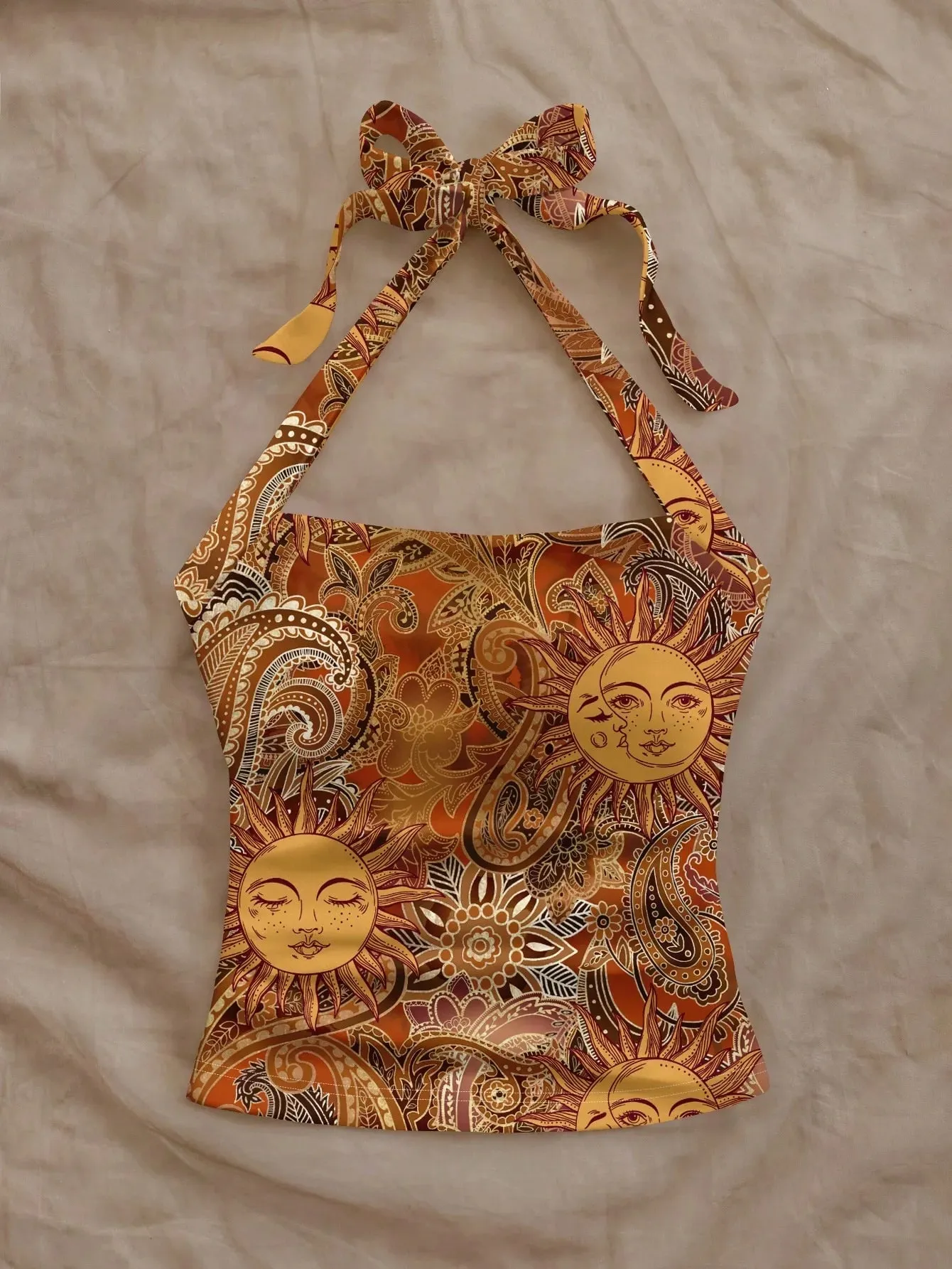 Women's Golden Sun God Paisley Full Print Halter Tank Top — image 3