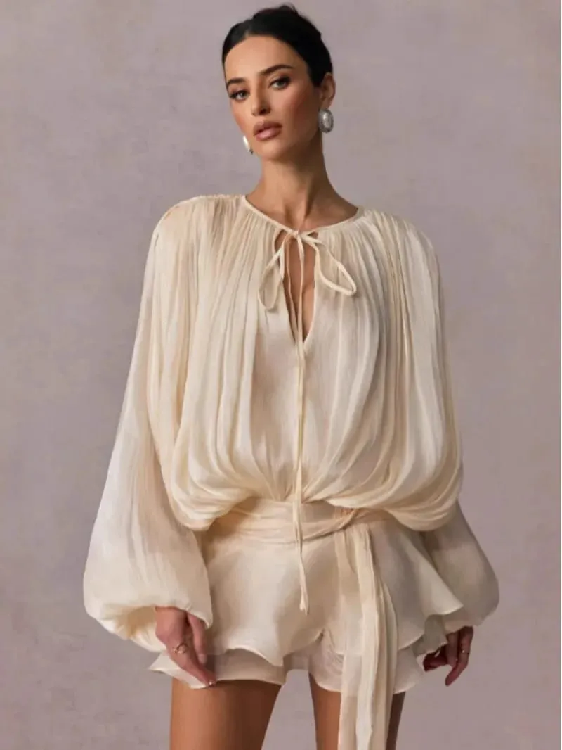 Beige Top Solid Blouse Mini Dresses Para sa Babae V Neck Long Sleeve Spliced Lace Up Sweet Style Dress Pambabaeng Damit Fashion P7WI — image 6
