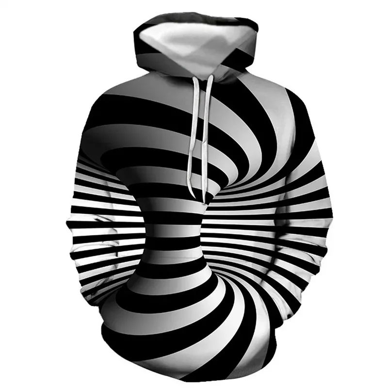 Men's Black And White Vertigo Hooded Sweatshirt 3D Printed Pattern Street Pullover Long Sleeved Sportswear For All Seasons Men