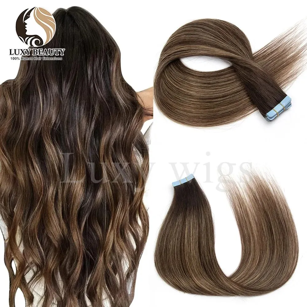 Highlights Brown Tape in Hair Extensions Human Hair Straight Black Blonde Seamless PU Skin Weft Tape In Hair Extensions 20PCS