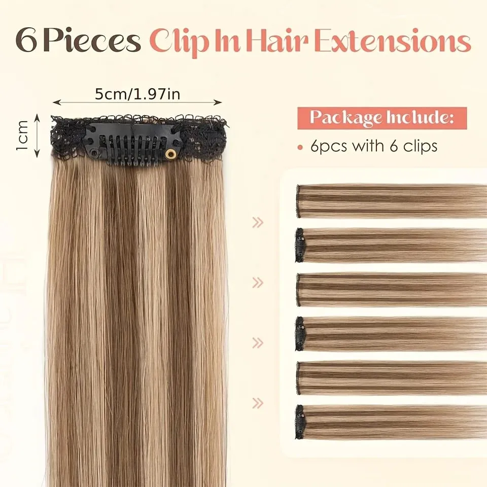 Straight Clip In Hair Extensions Synthetic 6Pcs Highlight Clip On Hair Pieces Thin For Women Short Bob Hairstyle Daily — image 3