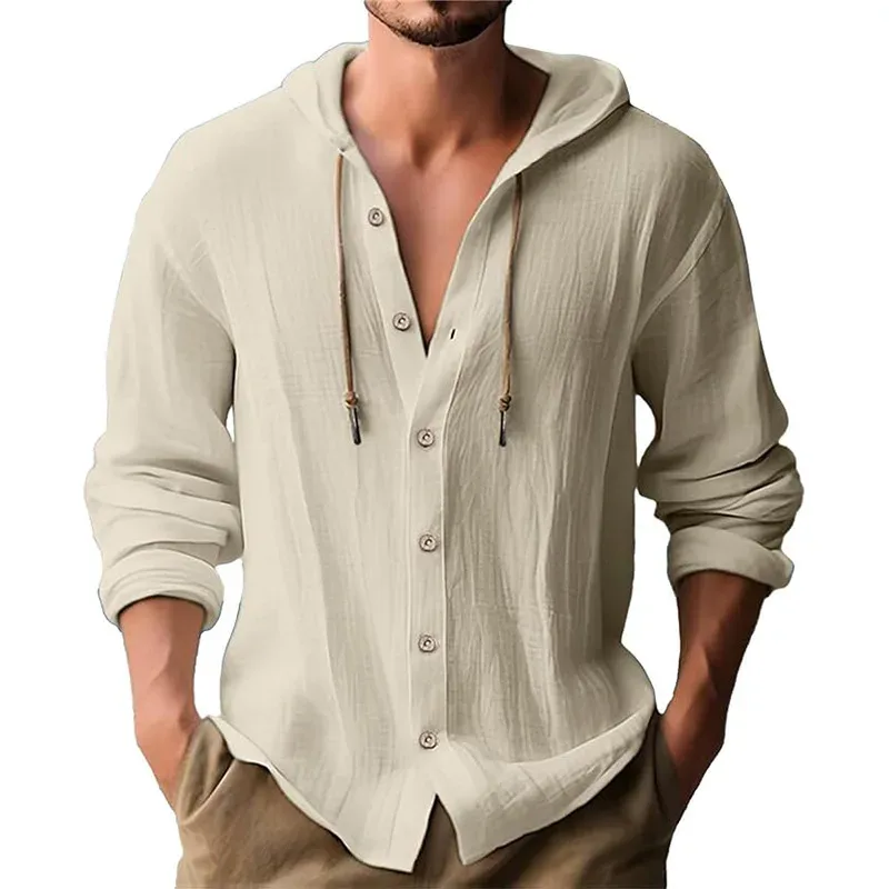 Solid Color Casual Shirt ng Lalaki na Naka-hood na Drawstring na Cotton at Linen na Cardigan Trendy at Versatile Loose Beach T-Shirt