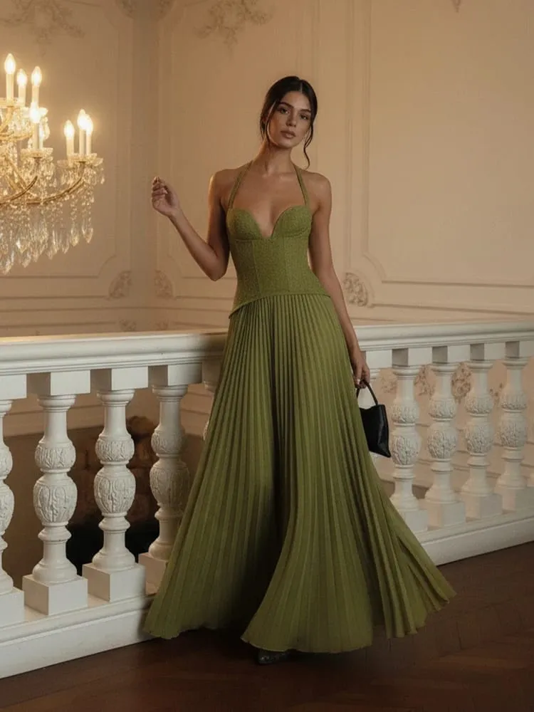 Green Chic Corset Halter Long Dress Women Solid Backless Off Shoulder Pleated Patchwork Slim Dresses 2026 Lady Party Gown New — image 3