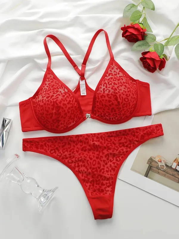 Women's sexy front buckle leopard print lingerie set with steel ring gathering push up comfortable close fitting bra YS3047