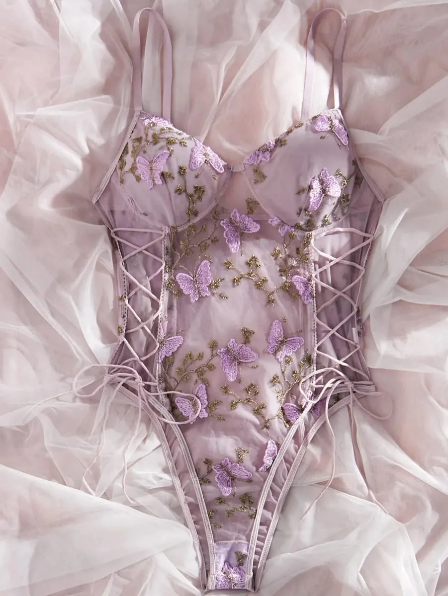 Hot Butterfly Embroidery Mesh Teddy Lace Up V Neck Backless ThongBodysuit Women's Sexy Lingerie & Underwear