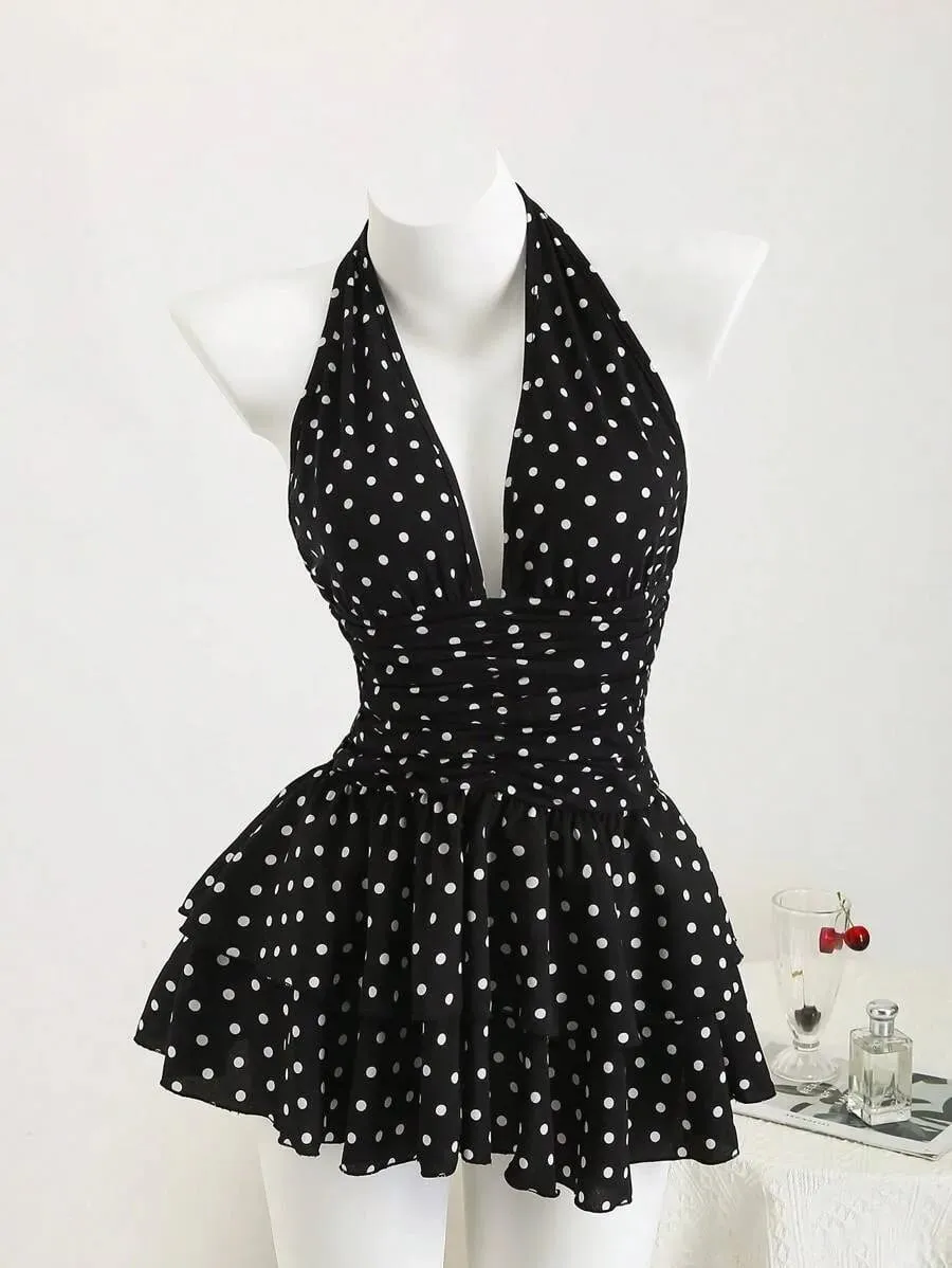 Vintage Polka Dot Halter Dress for Women Deep V‑Neck Backless Ruched Waist Tiered Ruffle Dress Retro Party Casual Short Dresses — image 6