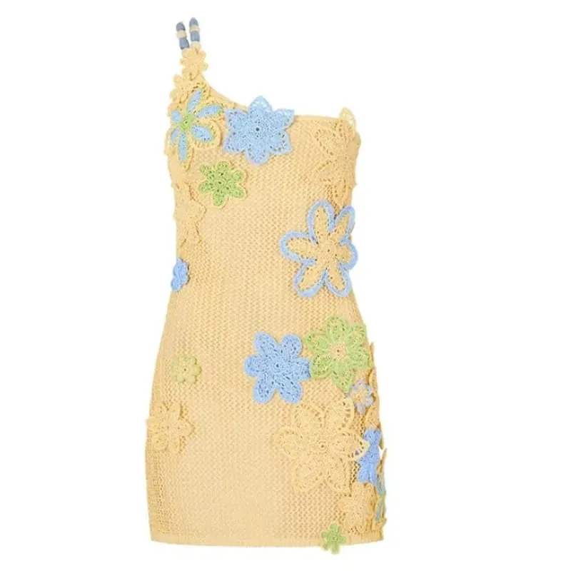 Mini vestido de verão oco para fora estilingue sexy vestido feminino flor fino ajuste fora do ombro chique feminino malha crochê praia vestido curto — image 6