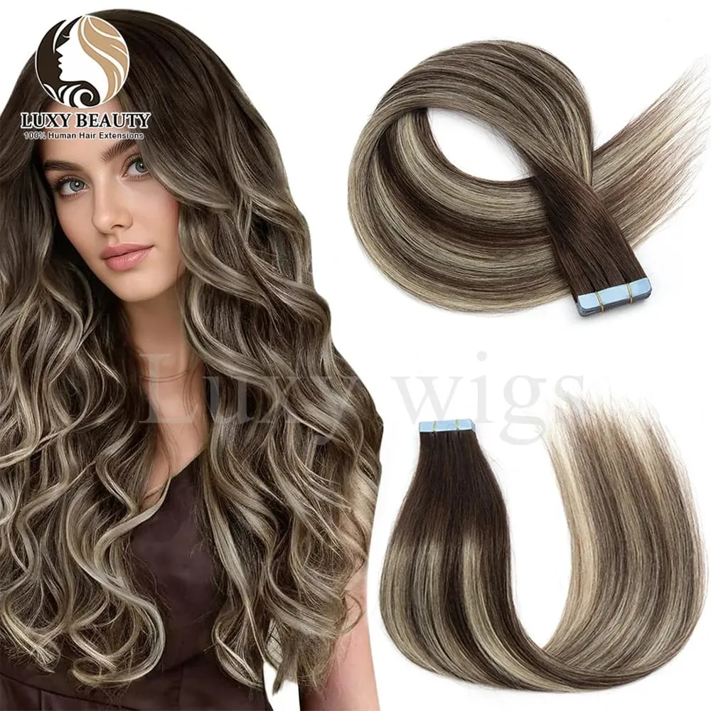 Highlights Brown Tape in Hair Extensions Human Hair Straight Black Blonde Seamless PU Skin Weft Tape In Hair Extensions 20PCS