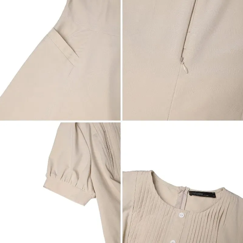 Summer Pleated Women Dress Fashion ZANZEA Solid Vestidos Short Sleeve Sundress OL Work Streetwear Party Knee Length Dresses — image 5