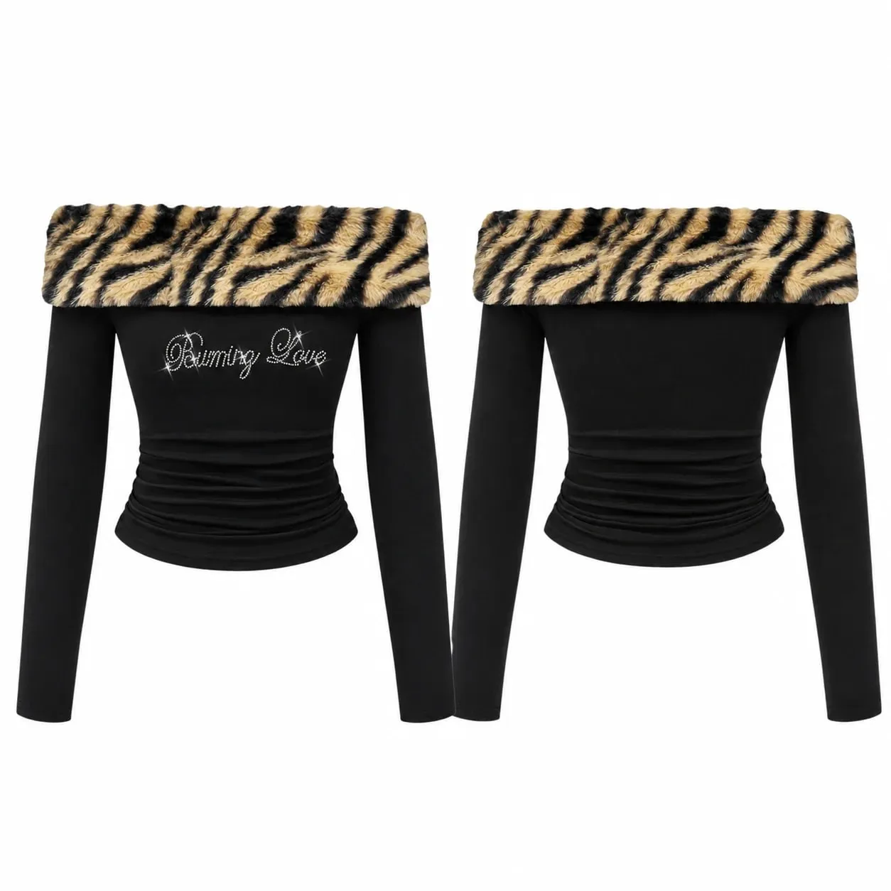Women Y2K Tiger Print Faux Fur Trim Off Shoulder Top Rhinestone Burning Love Lettering Ruched Waist Fitted Bodycon Cropped Long Sleeve Bardot Tube Top Baddie Going Out Party Club,christmas valentine halloween cosplay costume plus size petit — image 12