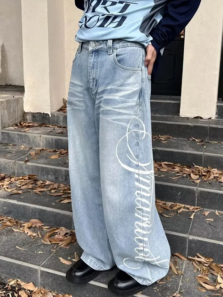 Autumn Men's Letter Printed Straight-Leg Baggy Jeans Hip Hop Fashion Washed Denim Pantalones American Retro Y2K Streetwear Jean — image 11