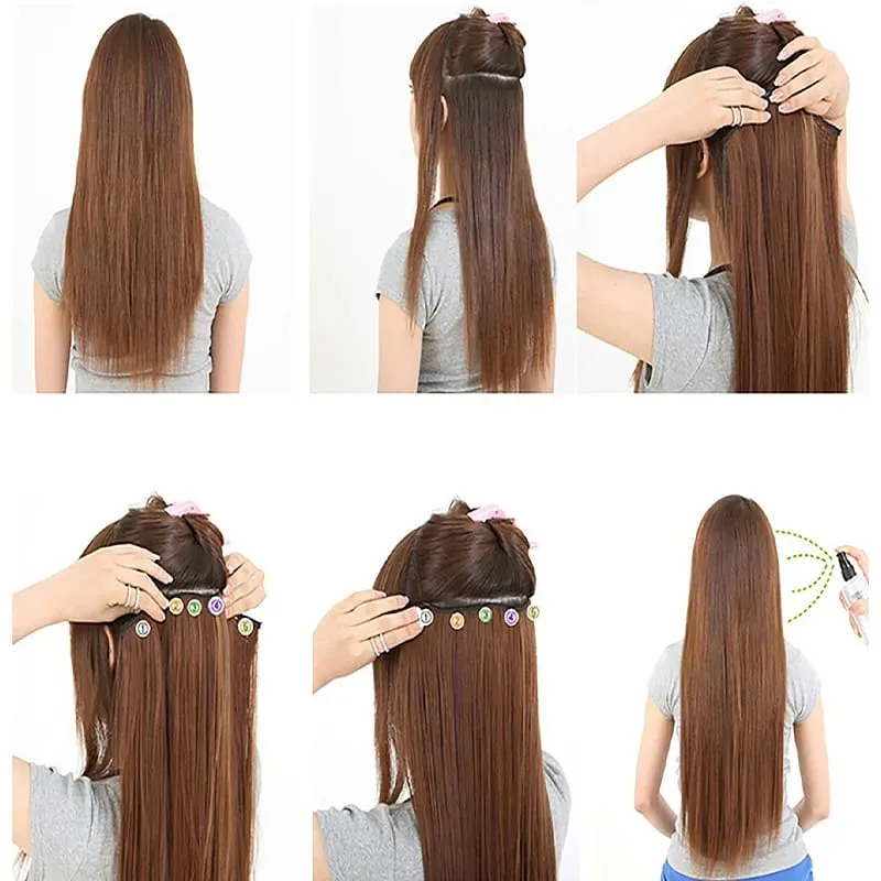 Synthetic 24Inch Long Straight 5 Clips Colorful Highlight Hair Extension Natural Soft Silky Hairpiece for Women Daily Use — image 5