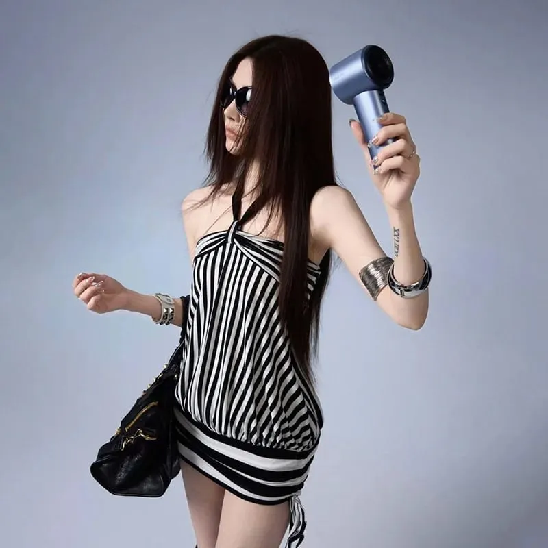 Women Summer Sexy Strapless Striped Bandage Waist Mini Dress Slim Bodycon Short Party Dresses — image 3