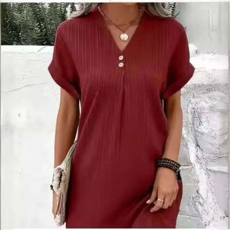 Women's Summer Solid Color Simple Short-Sleeve V-Neck Shirt Dress Comfortable Casual Elegant Loose-Fit Dress with Button Desig — image 7