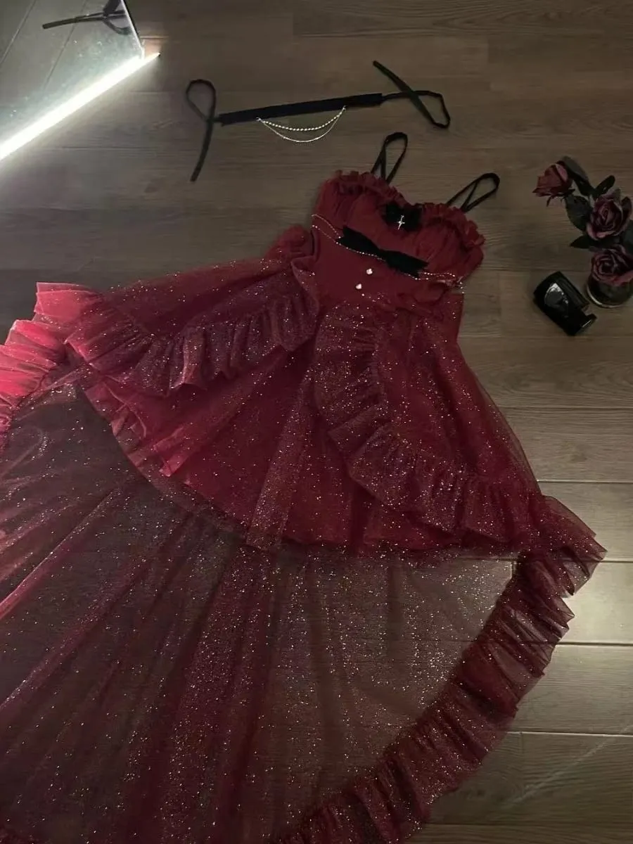 Gotisk Röd Lolita JSK Klänning Dam Spaghetti Band Volang Tyll Kjol Kedja Rosett Dekor Hög Låg Fåll Vintage Princess Festklänning — image 6