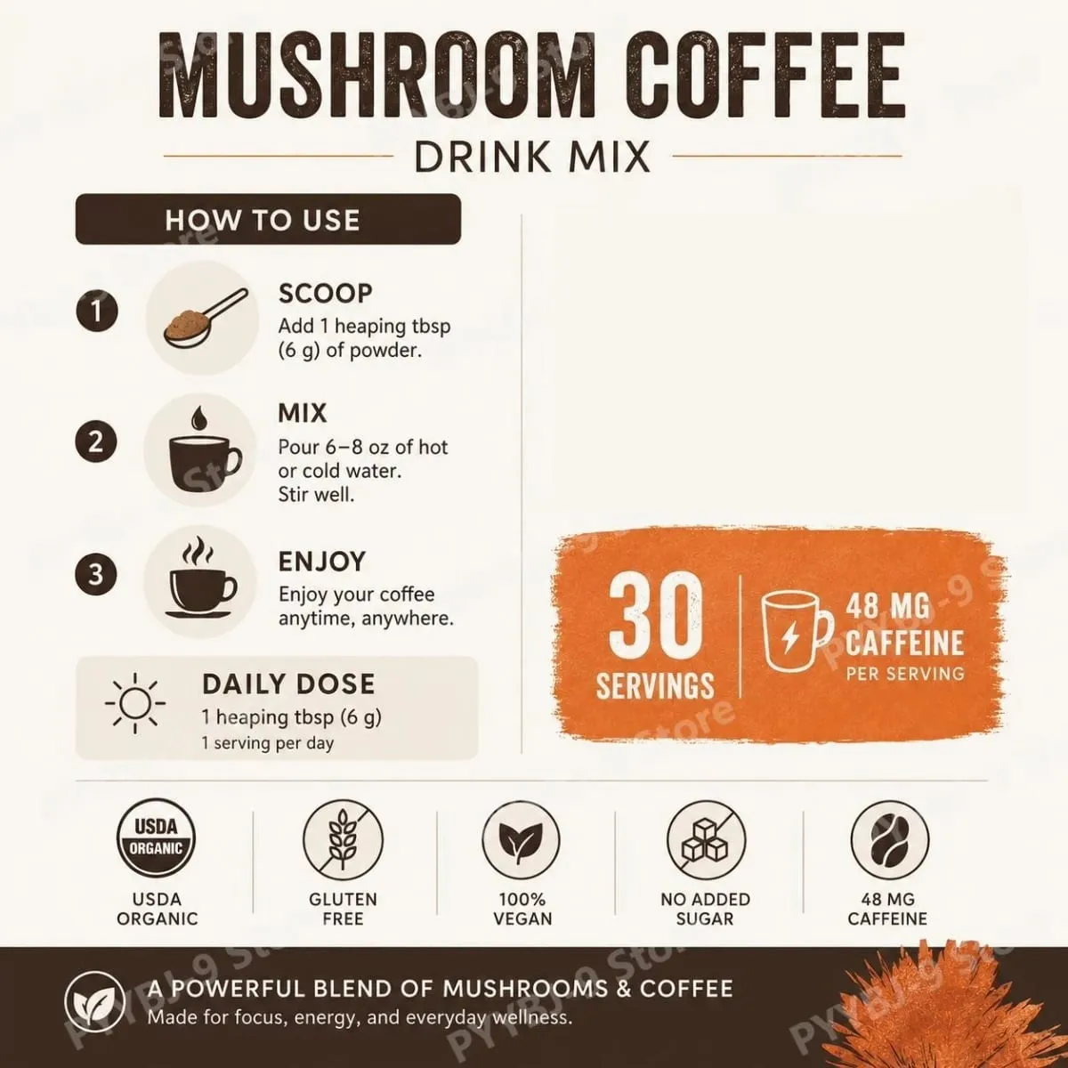 Organic Mushroom Blend Powder Lion's Mane Reishi Gut Health & Energy Support 48mg Caffeine Gluten Free Vegan 30 Servings — image 6