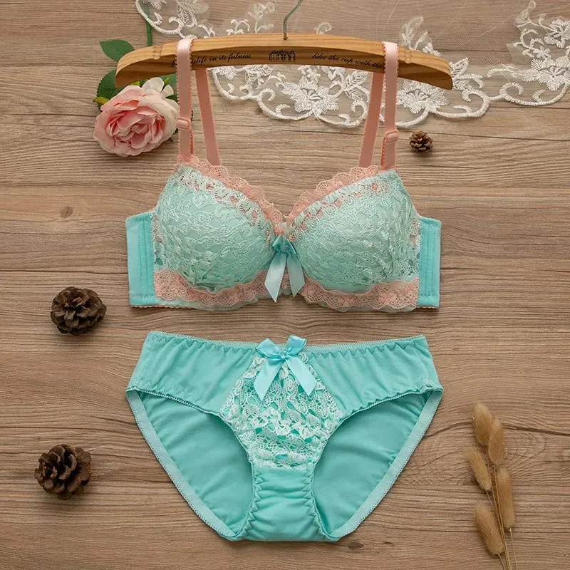 Women 2Pcs Intimates Set Sweet Peach Contrast Lace Floral Bow Underwire Bra Soft Cotton Mid Waist Panties Daily Comfort Lingerie