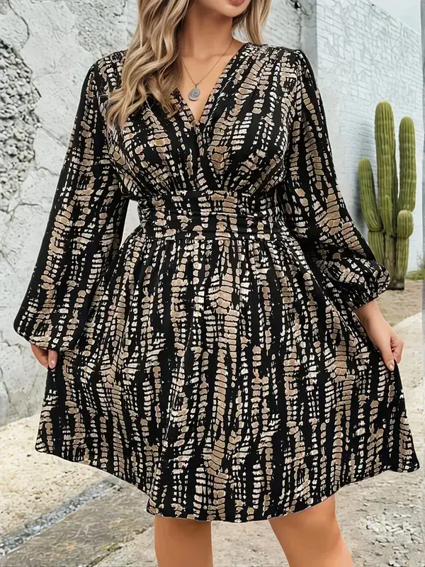 Elegant Directed Cross Neck Pleated Long Sleeve Waist Cinched Floral Print Midi Dress