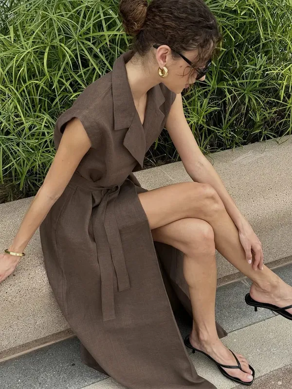 Bornladies 2026 Spring Summer New Women's Sleeveless Shirt Dress Elegant Casual Collared Tie-Waist Fitted Maxi Dress