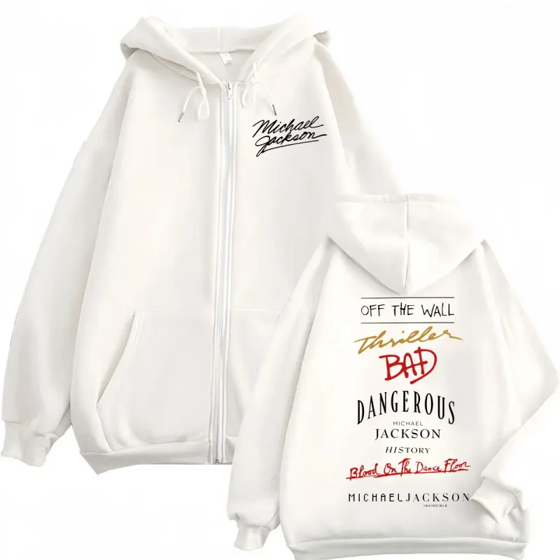 Cantor de rock dos anos 90 Michael Jackson Álbum Impressão Zíper Moletom Com Capuz Moda de Alta Qualidade Zip Up Pulôveres Homens Mulheres Moletons Oversized — image 3