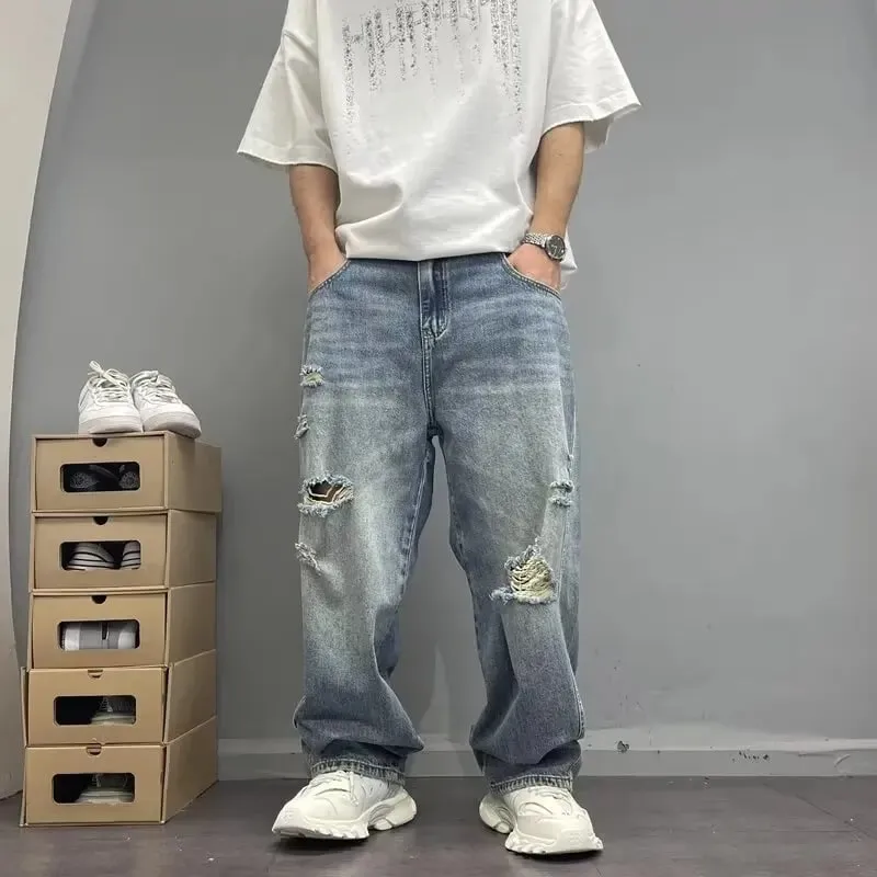 Four Seasons New Fashion Men's American High Street Hole Patched Loose Wide Leg Jeans Pants Vintage Washed Denim Trousers Male