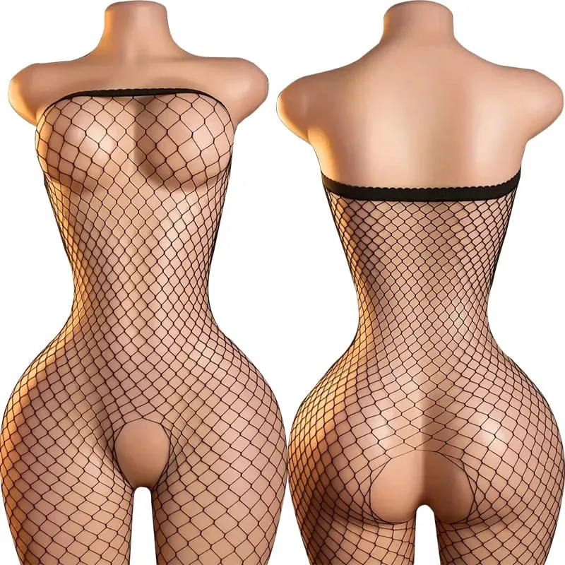 Black Fishnet Off-Shoulder Open-Crotch Bodystocking Lingerie Set Sexy Crotchless Teddy Bra Women's Erotic Underwear — image 8