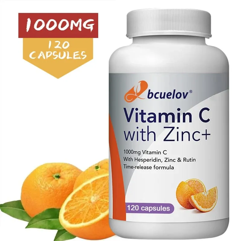 Organic Vitamin C + Zinc Capsules High Absorption Immune Support Antioxidant Collagen Health Supplement - 30/60/120 Counts