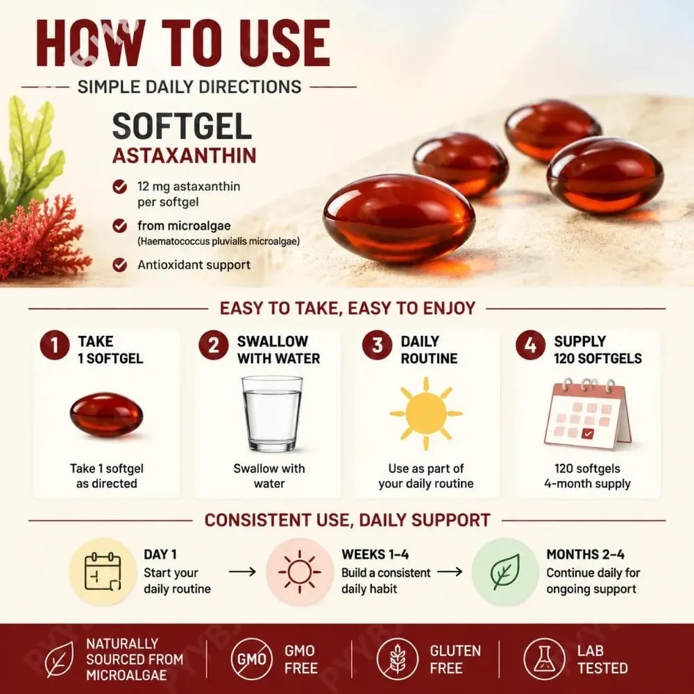 Astaxanthin 12mg Softgels from Microalgae Triple Strength Antioxidant Supplement Cellular Wellness & Everyday Balance 120 Count — image 5