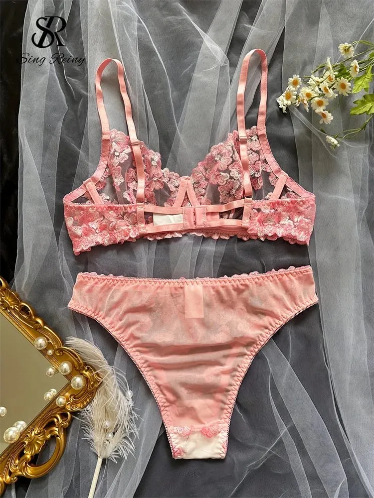 Malha pura lingerie duas peças ternos francês floral seusual conjuntos de roupa interior feminino bordado sexy sutiã e cuecas conjuntos — image 3