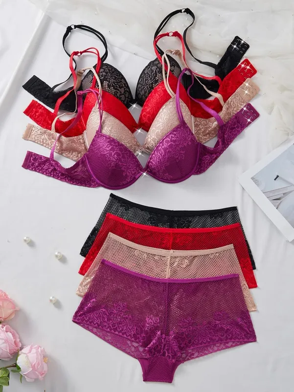 4Set Women Floral Lace Lingerie Set Underwire Push up Bra Breathable Sheer Hollow Panties Ladies Underwear Set