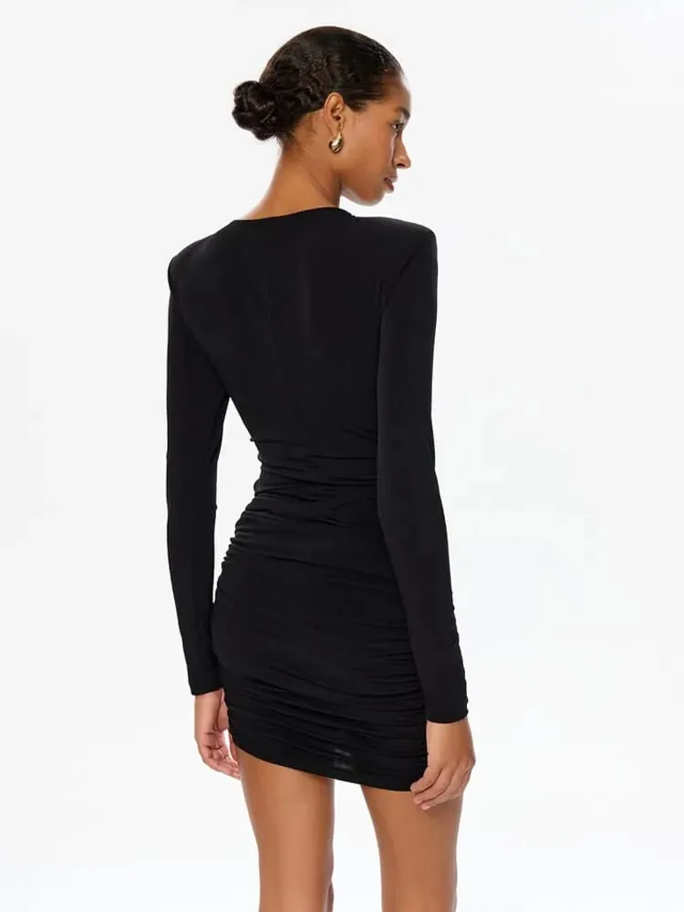 Solid Dresses For Women Fashion Sexy Club Long Sleeves Hollow Out O-Neck Hip Wrap Sheath Mini Vestidos Robes Female Streetwear — image 4
