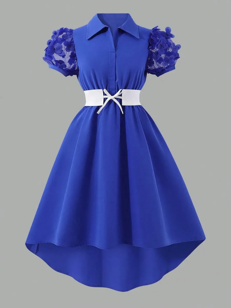 Women PuffSleeve ShirtCollar RoyalBlue 3DFloral HiLoHem Midi Dress ElegantRetro SpringSummer Chic Party Club Lightweight Dress — image 2