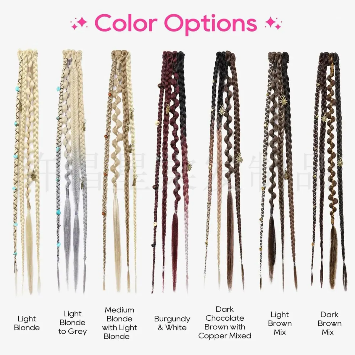 2PCS Synthetic 20Inch Bohemian Braided Ponytail Hair Extensions With Metal Charms Brown Mix Burgundy Handmade Box Braid Ponytail