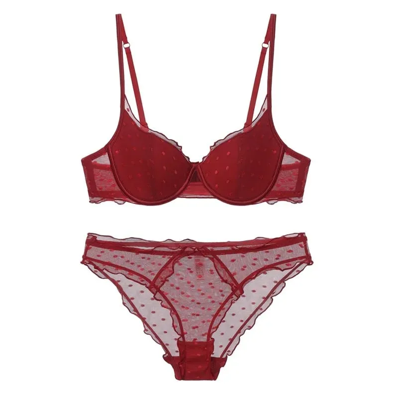 French Lace Women Underwear Sexy Hollow Thin Cup Push Up Bra Fashion Ladies Romantic Lingerie 4 Color Bras With Mesh Panties Set — image 10