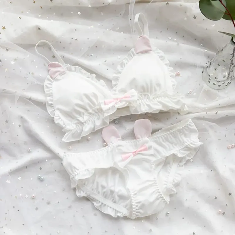 Japanse zachte meisjesbeha set schattig katje pootontwerp melkzijde stof draadvrije driehoekige cup dameslingerie — image 5