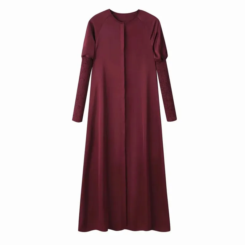 AS 2024 roupas femininas vestido de cetim com design de botão e manga maxi vestido (envio em 1 dia) — image 11