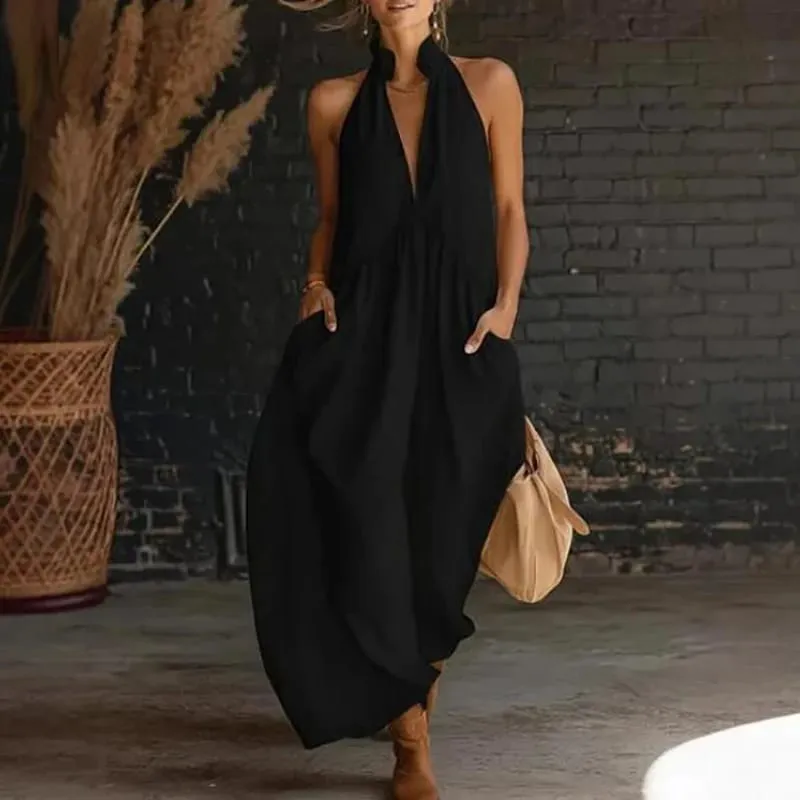 Summer Women Elegant Dress V Neck Sleeveless Pocket Loose Street Style Long Dresses For Women Casual Beach Holiday Maxi Dress — image 4
