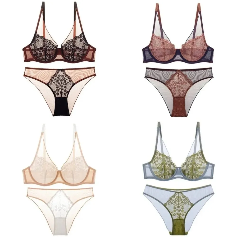 Mesh Lace Flower Bra Set Lingerie Underwear Push Up Bra Women Thin Seamless Mesh Bra Panties Kit Romantic Evenings