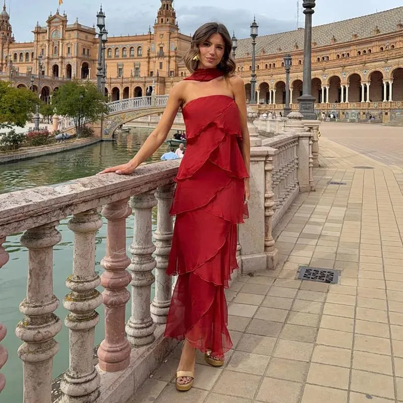 Floral impressão halter pescoço recorte maxi vestido em camadas plissado sem mangas 2026 verão feminino vestido de férias moda boho senhora vestido — image 13