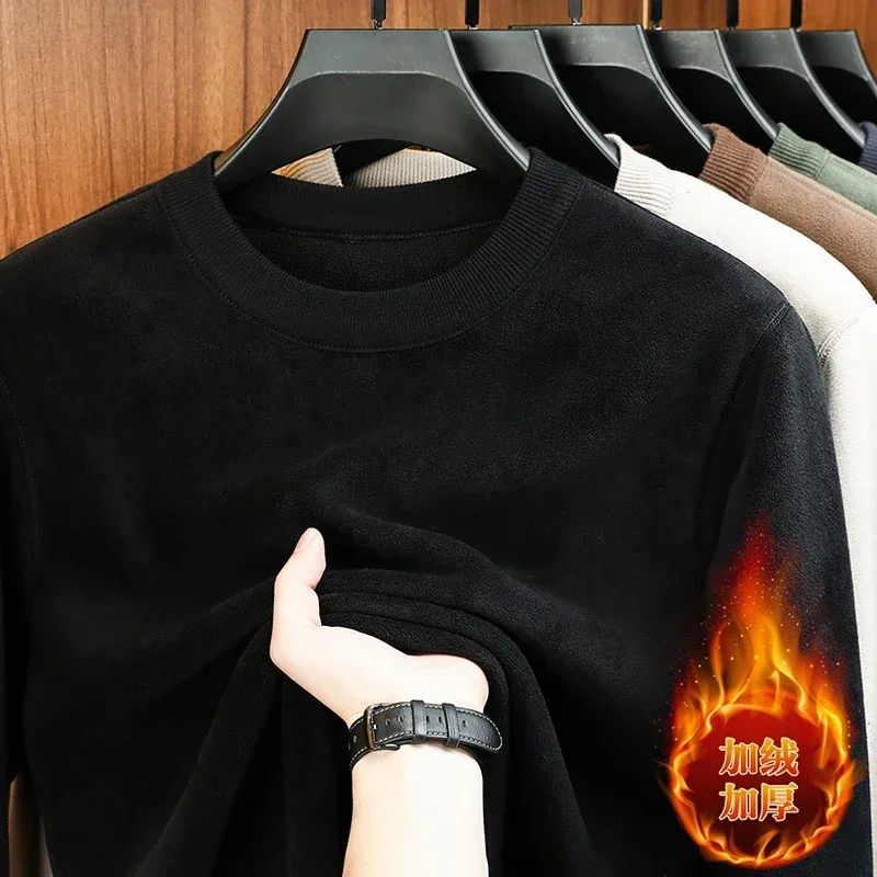 Taglagas at Winter Men's Velvet Hoodie Long Sleeve Round Neck Solid Color Fashion Casual Versatile Top — image 1