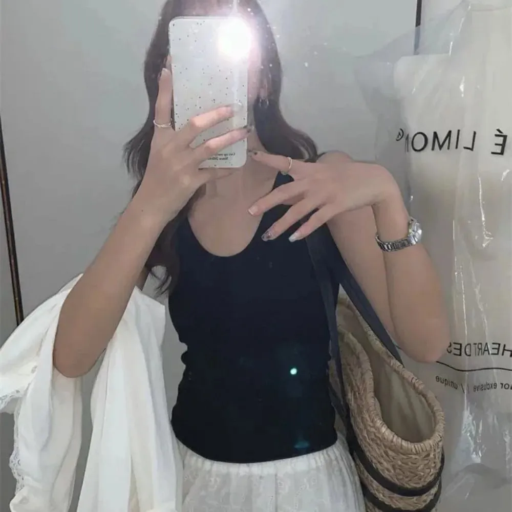 Korean Style with Chest Pad Strap Vest U-Neck Solid Color Backless Sleeveless Top Slimming Women Camis Summer