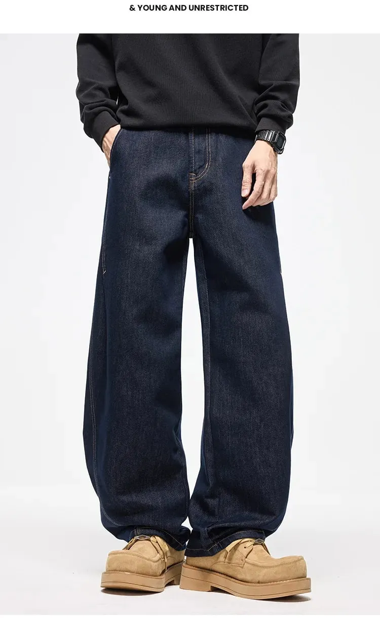 Autumn Winter 2026 New Fashion American Style Men's Dark Blue Solid Color Casual Trendy Simple Basic Wide Leg Loose Jeans Pants — image 9