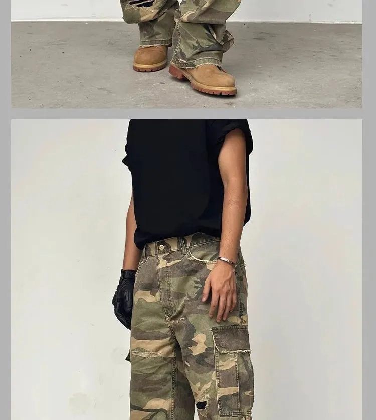 American Street Style Washed Camouflage Workwear Jeans Hole Straight Leg Spring Autumn Casual Cotton Trendy Long Pants